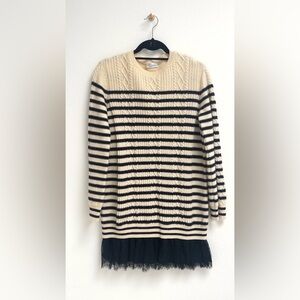 RED Valentino Ruffle Bottom Striped Sweater Dress with Lace Hem, Size Small
